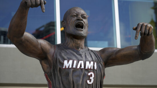 A statue of former Miami Heat guard Dwyane Wade at the Kaseya Center, Wednesday, Oct. 30, 2024, in Miami.