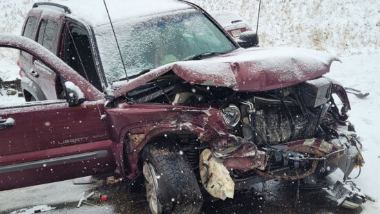 The wreckage of a Jeep Liberty that collided with an oncoming car along Hwy 40 on Nov. 5, 2024.