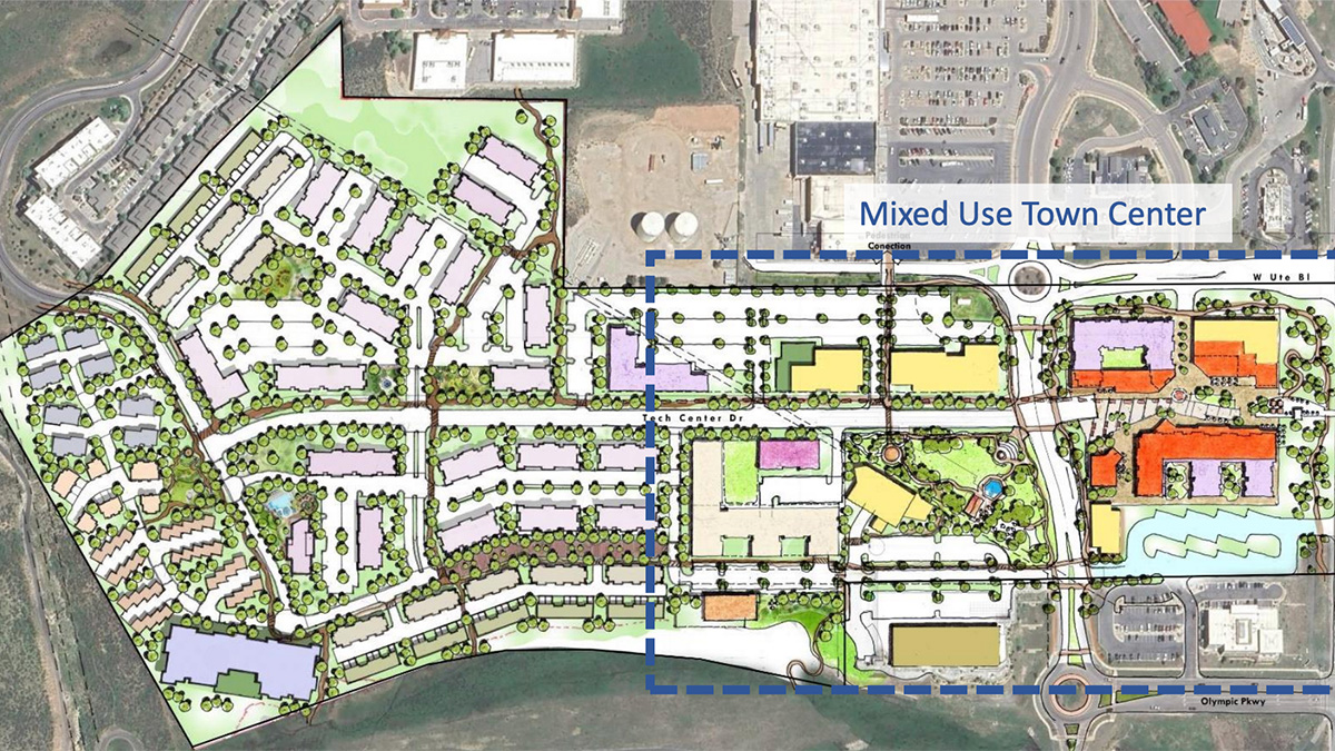 A redering from the recently shared and updated Dakota Pacific Master Plan showing the housing and mixed use development.