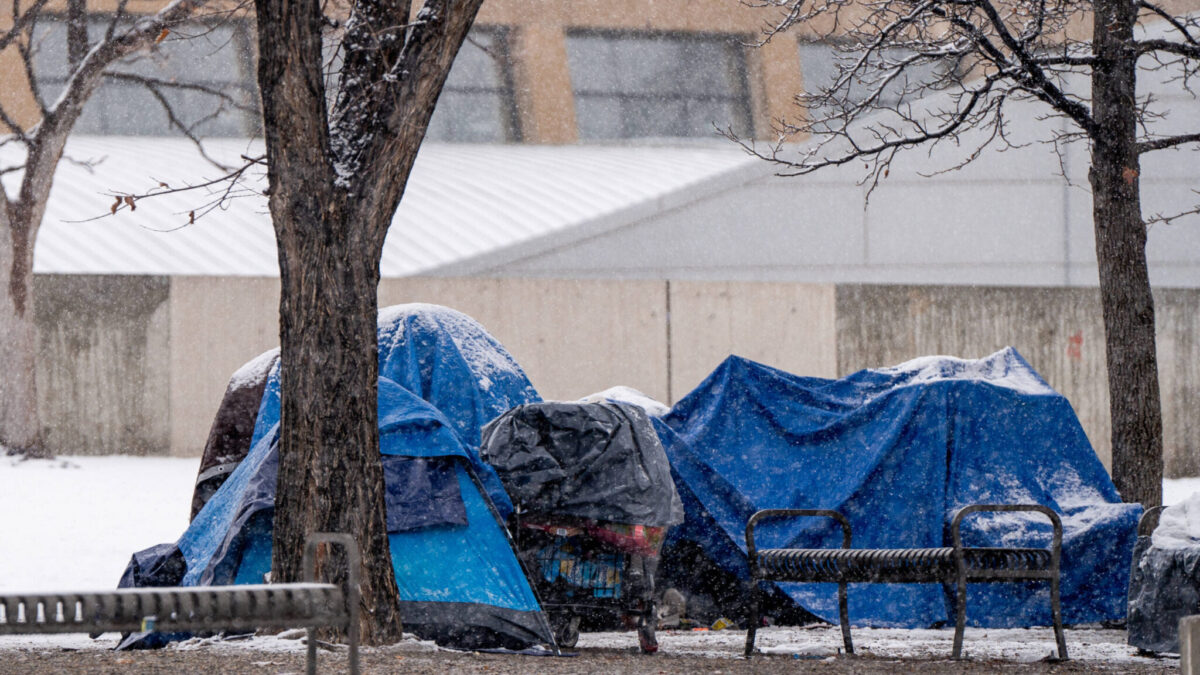 People experiencing homelessness camp outside the Main Library in Salt Lake City on Jan. 5, 2024.