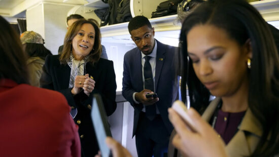 Democratic presidential nominee Vice President Kalama Harris speaks with reporters on board Air Force Two in Detroit Monday, Nov. 4, 2024 before departing to Pennsylvania.