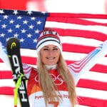 Bronze medallist Lindsey Vonn of the United States celebrates during the victory ceremony for the Ladies' Downhill on day 12 of the PyeongChang 2018 Winter Olympic Games at Jeongseon Alpine Centre on February 21, 2018 in Pyeongchang-gun, South Korea.