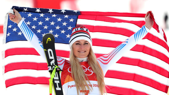 Bronze medallist Lindsey Vonn of the United States celebrates during the victory ceremony for the Ladies' Downhill on day 12 of the PyeongChang 2018 Winter Olympic Games at Jeongseon Alpine Centre on February 21, 2018 in Pyeongchang-gun, South Korea.