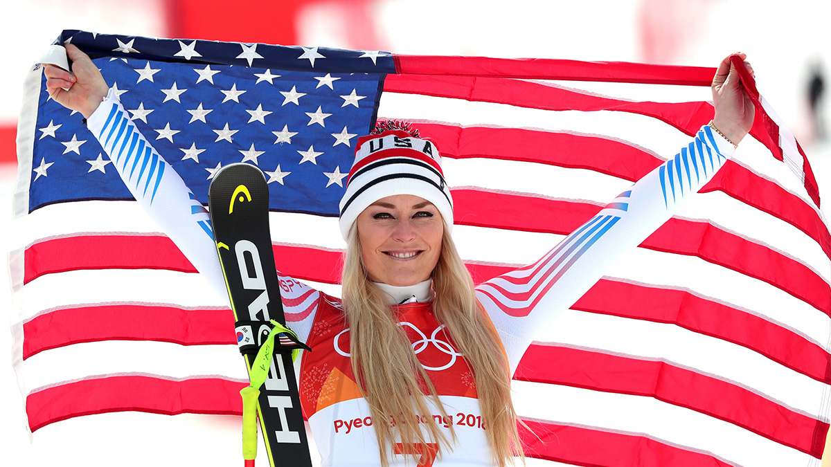 Bronze medallist Lindsey Vonn of the United States celebrates during the victory ceremony for the Ladies' Downhill on day 12 of the PyeongChang 2018 Winter Olympic Games at Jeongseon Alpine Centre on February 21, 2018 in Pyeongchang-gun, South Korea.