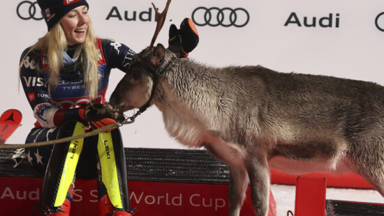 The winner United States' Mikaela Shiffrin makes friends with a baby reindeer as she waits for Santa on podium after an alpine ski, women's World Cup slalom, in Levi, Finland, Saturday, Nov. 16, 2024.