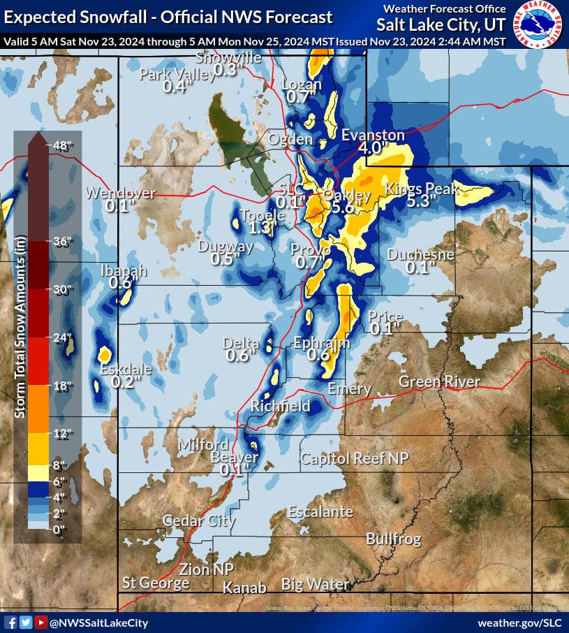 Snowfall totals through Sunday evening