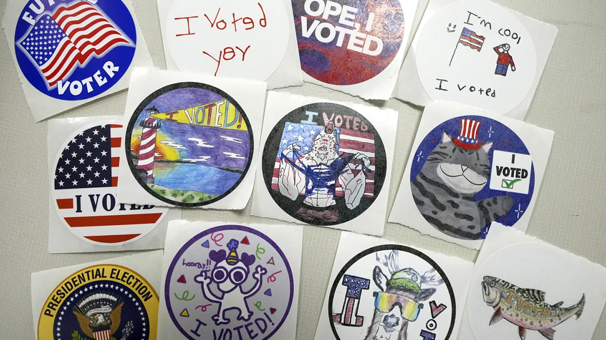 I voted stickers are displayed at the Southfield Township Clerk's office in Michigan.