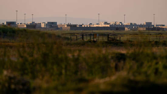 The Utah State Correctional Facility is pictured from a “free speech zone” set up about two miles from the facility in Salt Lake City on Wednesday, Aug. 7, 2024 as the state prepared to execute death row inmate Taberon Honie just after midnight.