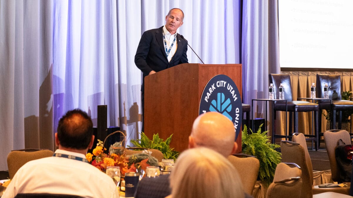 Ski Utah's President and CEO Nathan Rafferty speaks at the Tourism Fall Forum at the Stein Erickson Lodge on November 1, 2024.