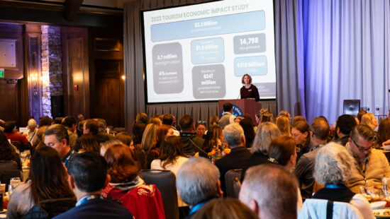 Park City Chamber President Jennifer Wesselhof presents the winter outlook at the Tourism Fall Forum at Stein Erickson Lodge on Nov. 1, 2024.