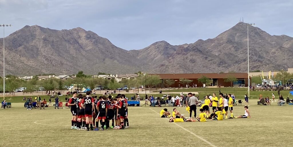 PCSC celebrating one of their Pool Play wins in Scottsdale.