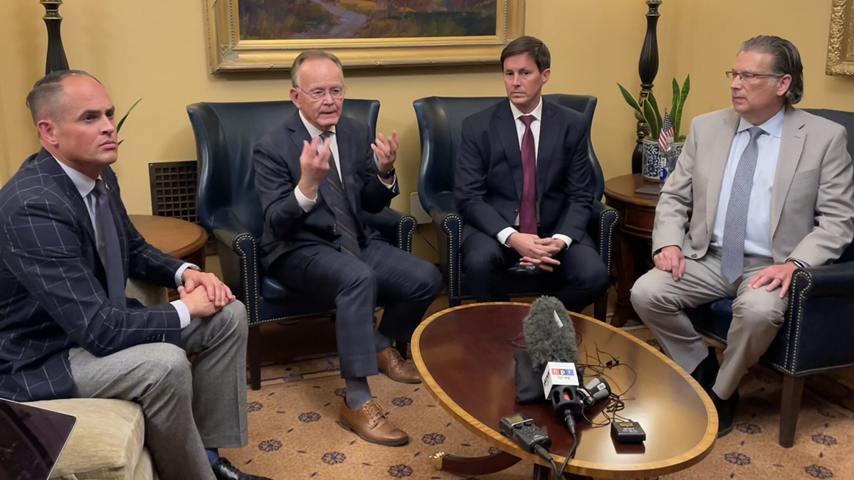 From left, Senate Majority Assistant Whip Mike McKell, Senate President Stuart Adams, Senate Majority Leader Kirk Cullimore, and Senate Majority Whip Chris Wilson talk with reporters after Senate Republicans elected a new slate of legislative leaders during a closed caucus at the Utah Capitol in Salt Lake City on Nov. 7, 2024.