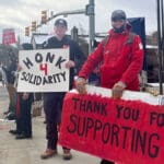 Park City Ski Patrol demonstrates on Lower Park Ave amid negotiations with Park City Mountain Resort on November 23, 2024.