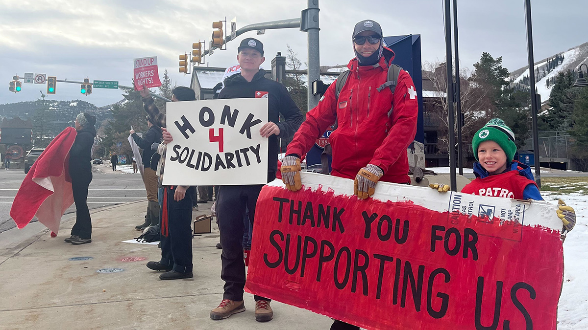 Park City Ski Patrol demonstrates on Lower Park Ave amid negotiations with Park City Mountain Resort on November 23, 2024.