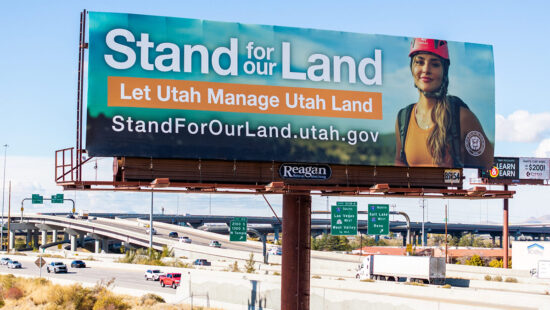 A billboard along I-80 in South Salt Lake promotes Utah’s lawsuit trying to claim control of federally managed land on Monday, Nov. 4, 2024.