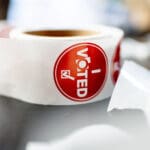 An “I Voted” sticker is pictured at the Salt Lake County Government Center in Salt Lake City on Election Day, Tuesday, Nov. 5, 2024.