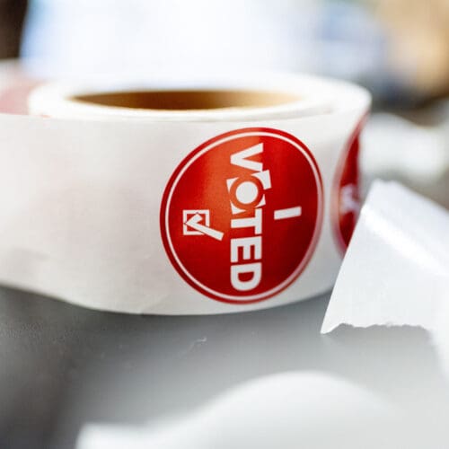 An “I Voted” sticker is pictured at the Salt Lake County Government Center in Salt Lake City on Election Day, Tuesday, Nov. 5, 2024.