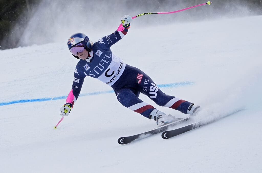 Forerunner Lindsey Vonn skis before a women's World Cup super-G ski race, Sunday, Dec. 15, 2024, in Beaver Creek, Colo.