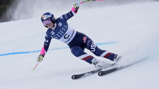 Forerunner Lindsey Vonn skis before a women's World Cup super-G ski race, Sunday, Dec. 15, 2024, in Beaver Creek, Colo.