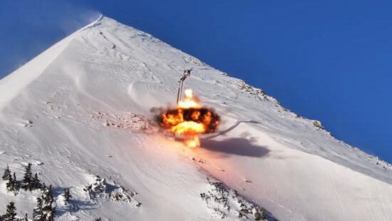 A Wyssen Tower detonated an explosive to control snow in dangerous avalanche terrain.