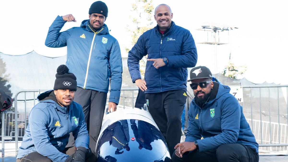 Brazil's 4-man bobsled team, poses for a team photo before a training run on Thursday, December 5 at the Utah Olympic Park. Edison Luques Bindilatti, standing right, along with brakemen Rafael Souza De Silva, Jeronimo Gilson Vianna, and Edson Ricardo Martins.