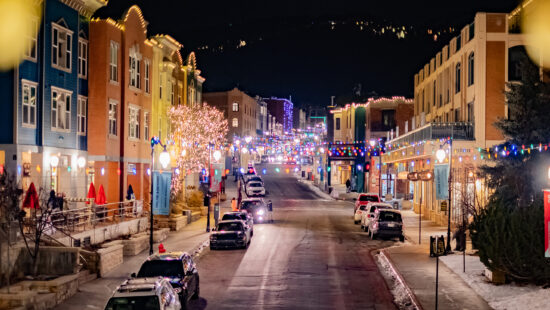 Historic Main Street at night in the winter.