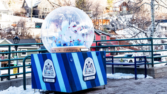 Holiday snow globes on Main Street.