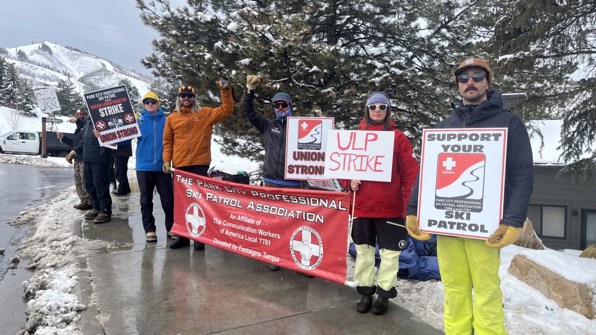 Members of the Park City Professional Ski Patrol Association rally on the picket line during their second day of striking, demanding fair contract negotiations with Vail Resorts