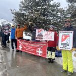 Members of the Park City Professional Ski Patrol Association rally on the picket line during their second day of striking, demanding fair contract negotiations with Vail Resorts