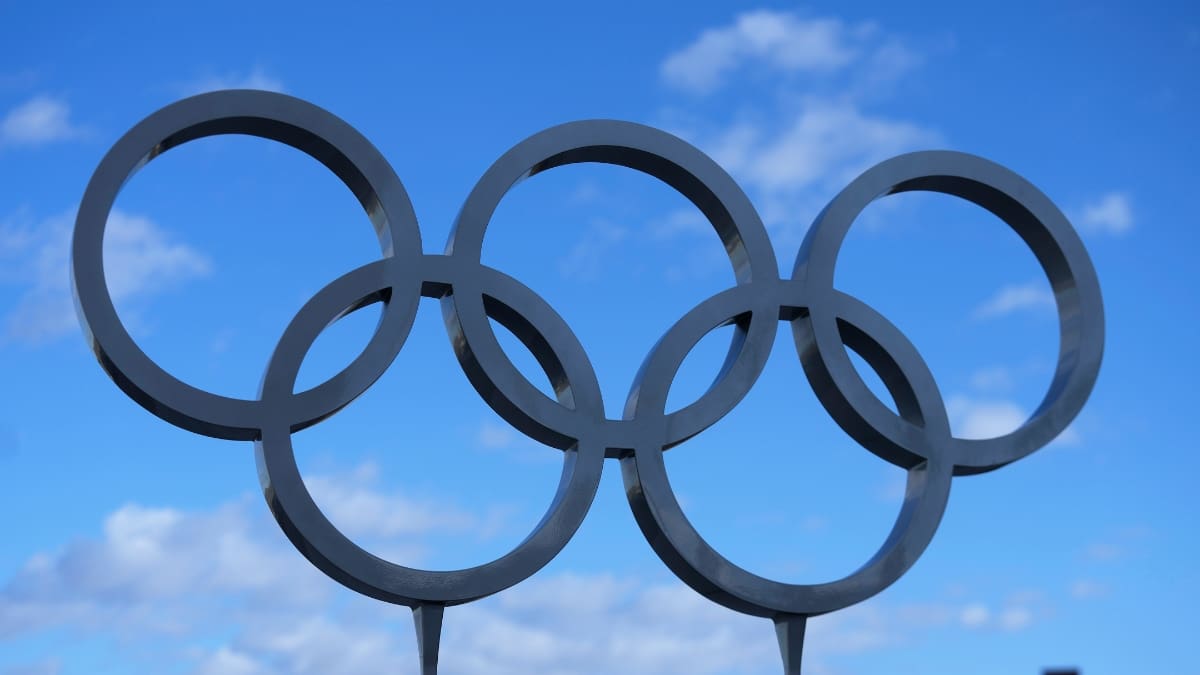 The 2002 Winter Olympic rings are shown outside Rice-Eccles Stadium, Wednesday, April 10, 2024, in Salt Lake City.