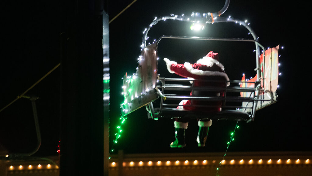 Santa rides down Town Lift, Park City Mountain Resort