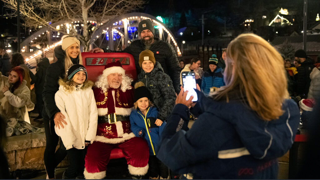 Santa rides down Town Lift, Park City Mountain Resort