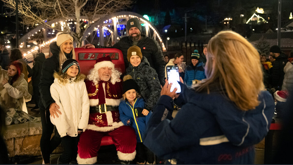 Santa rides down Town Lift, Park City Mountain Resort