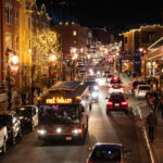 Santa rides down Town Lift, Park City Mountain Resort