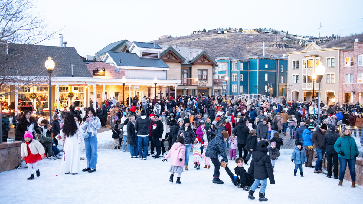 Santa rides down Town Lift, Park City Mountain Resort