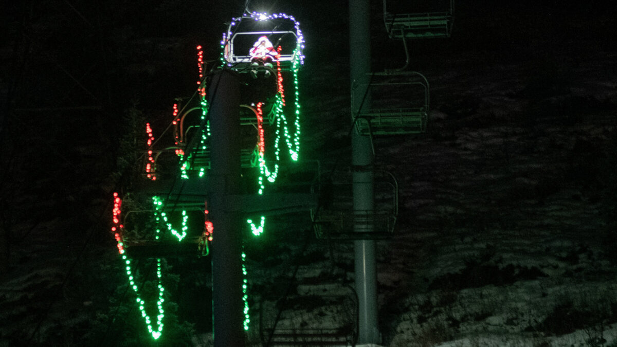 Santa rides down Town Lift, Park City Mountain Resort