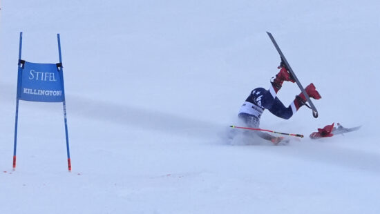 Mikaela Shiffrin, of the United States, crashes during the second run of a women's World Cup giant slalom skiing race, Saturday, Nov. 30, 2024, in Killington, Vt.