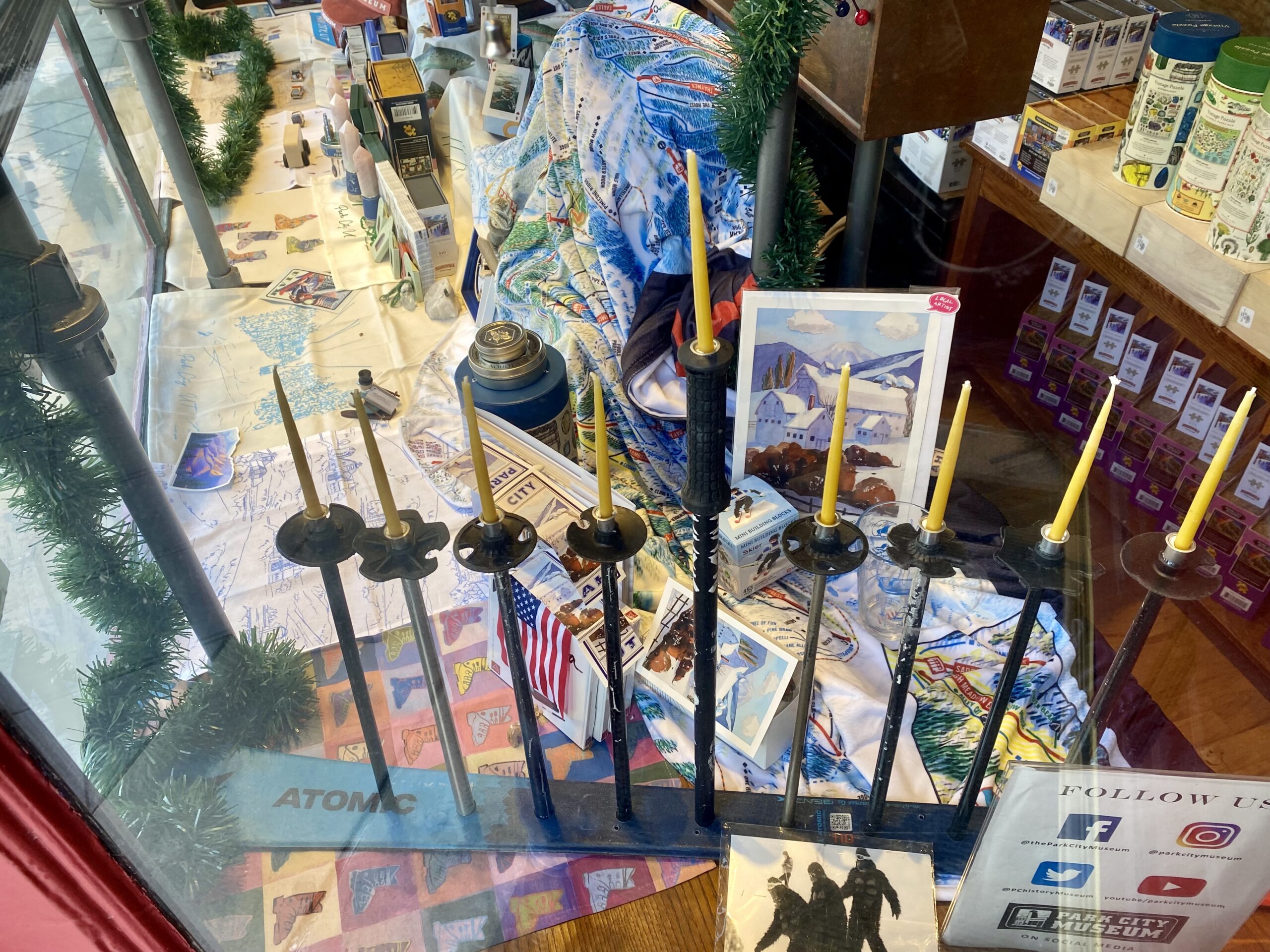 THS Ski Menorah at Main Street's Park City Museum's front window.