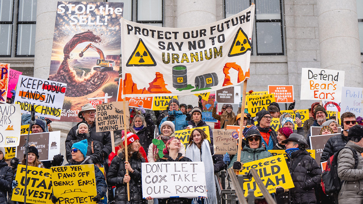 People rally in opposition of Utah’s lawsuit attempting to take control of federal lands at the Capitol in Salt Lake City on Saturday, Jan. 11, 2025.