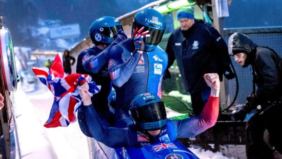 Greg Cackett, Brad Hall, Taylor Lawrence and Arran Gulliver from Britain celebrate their victory after the four-man bobsleigh, 2nd run, at the Bobsleigh World Cup in Winterberg, Germany, Sunday Jan. 5, 2025.