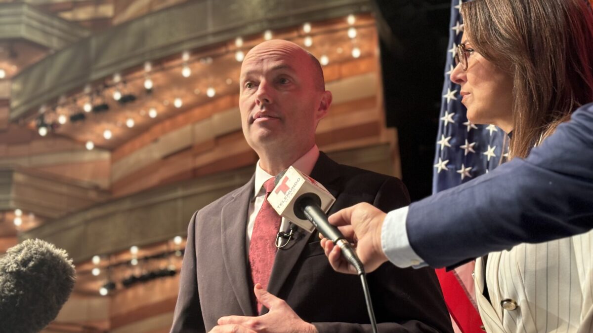 Utah Gov. Spencer Cox (left) and Lt. Gov. Deidre Henderson (right) speak to reporters during their inauguration at the Eccles Theater in Salt Lake City on Wednesday, Jan. 8. 2025.