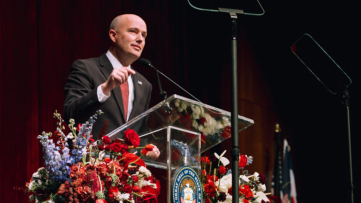 Gov. Cox addresses the audience during his second term inauguration .