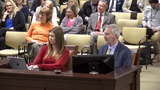 Rep. Stephanie Gricius, R-Eagle Mountain (left) and Utah County Clerk Aaron Davidson sit before the House Government Operations Committee on Wednesday, Jan. 22, 2025.