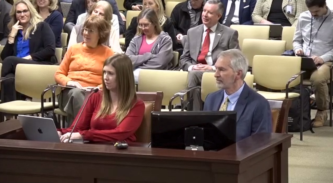 Rep. Stephanie Gricius, R-Eagle Mountain (left) and Utah County Clerk Aaron Davidson sit before the House Government Operations Committee on Wednesday, Jan. 22, 2025.