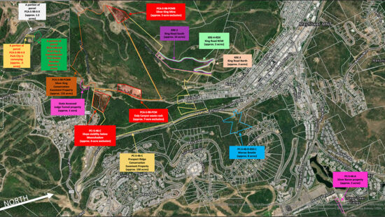 A map showing the parcels in a proposal for a land exchange between Park City Municipal Corporation and Redus Park City, LLC.