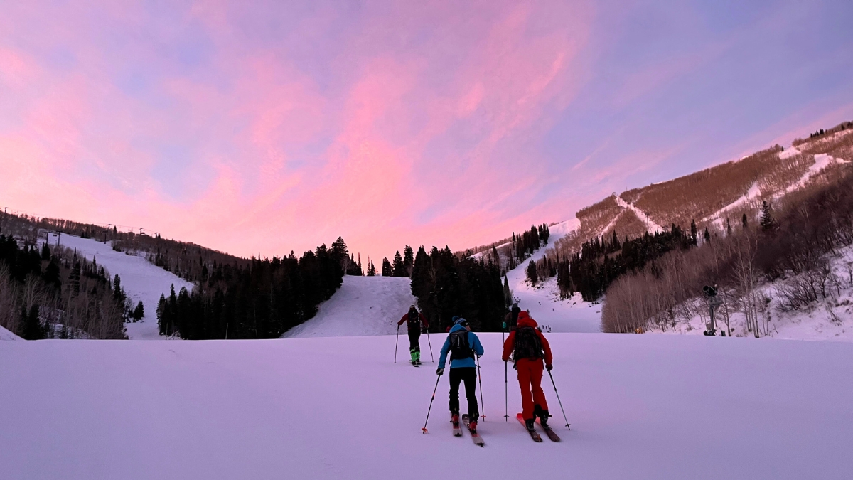 Skiers travel uphill at Park City Mountain.