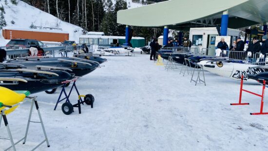 A dozen bobsleds, from as many nations sit upside-down at the start of Sunday's North Americas Cup race at the Utah Olympic Park.