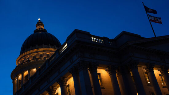 The Utah Capitol in Salt Lake City is pictured at dusk on the last night of the legislative session, Friday, March 1, 2024.