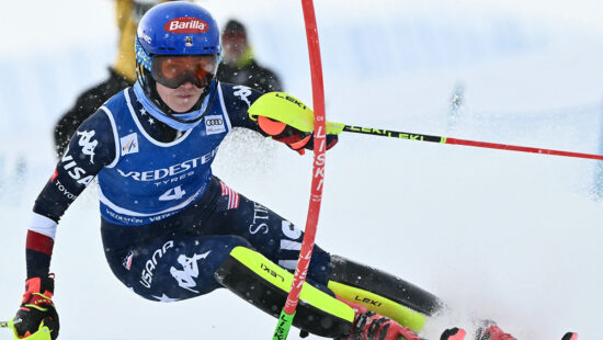 US Mikaela Shiffrin competes in the Women's Slalom event during the FIS Alpine Skiing World Cup in Sestriere, Italy, on February 23, 2025.