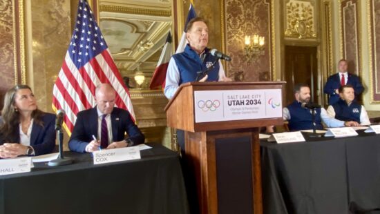 Fraser Bullock making the announcements of the names on the newly-formed 2034 Olympic Organizing Committee at the Utah Capitol.